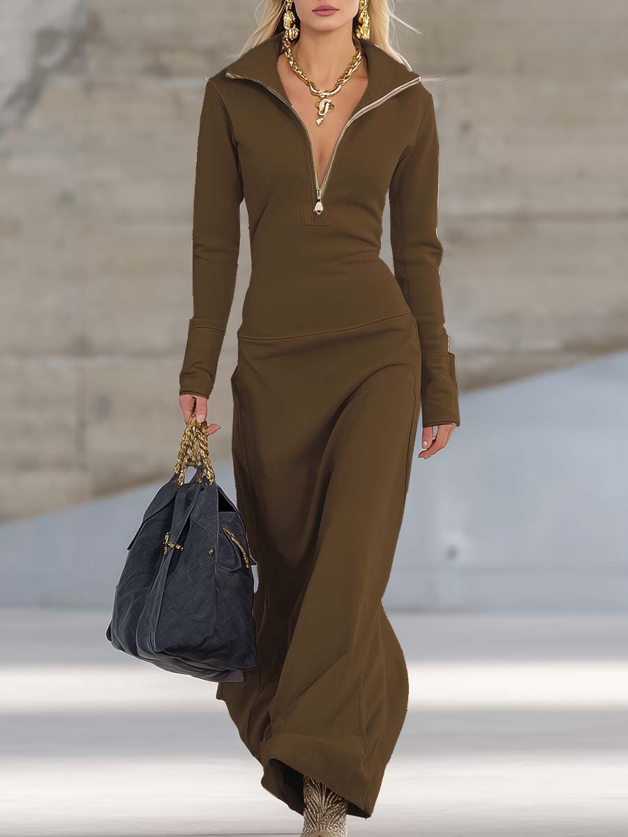 Elegancka Retro Sportowa Sukienka Maxi Różowa z Dekoltem w Serek i Długim Rękawem