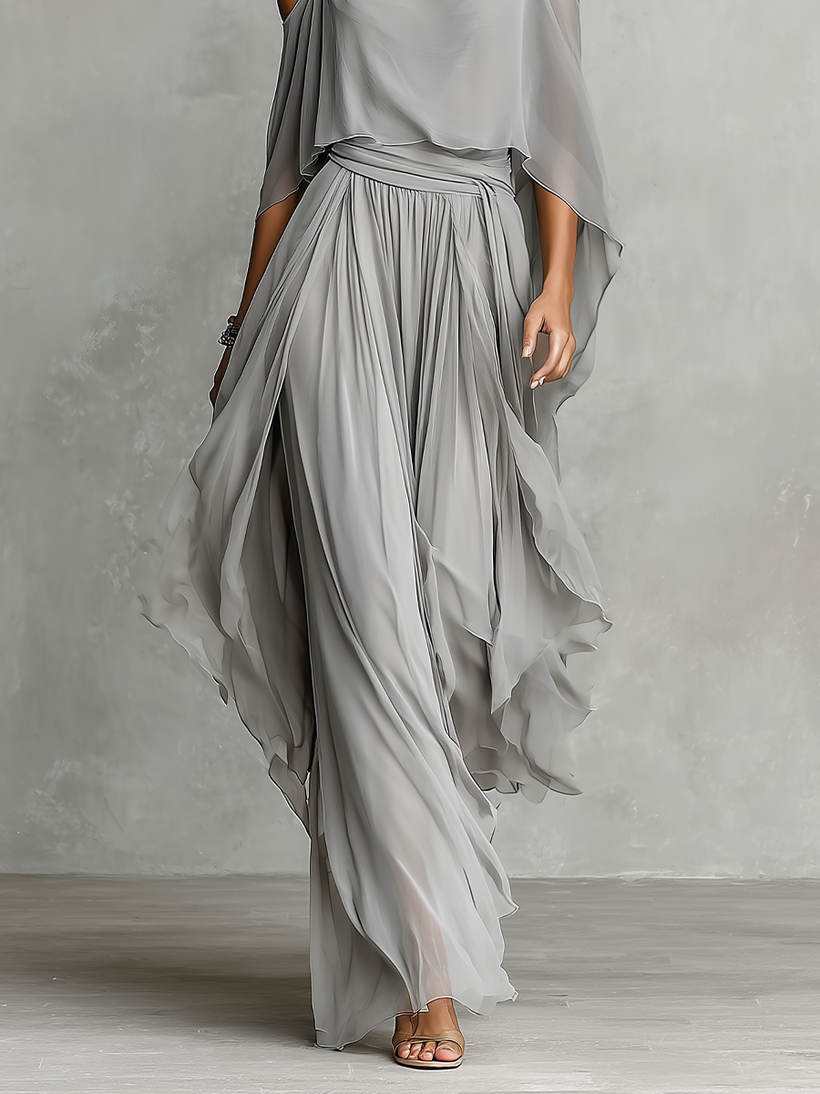 Kobiecy Szary Oddychający Zestaw Chiffonowy z Odkrytymi Ramionami i Rozkloszowanym Sylwetką, Współczesny Luksusowo-Kobiecy Styl Zestaw MDZ2651B6I