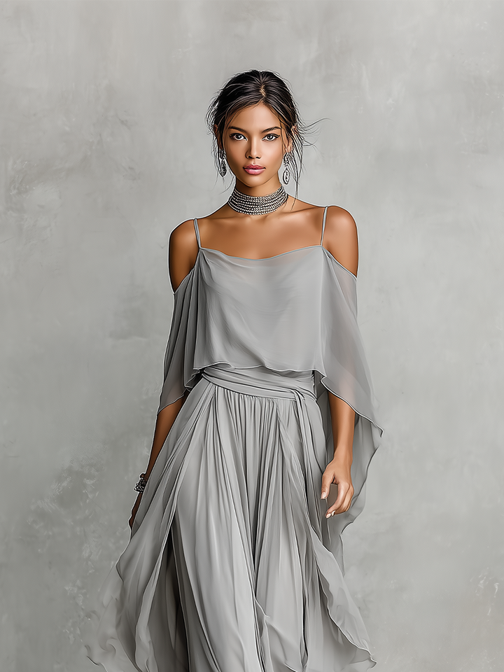 Kobiecy Szary Oddychający Zestaw Chiffonowy z Odkrytymi Ramionami i Rozkloszowanym Sylwetką, Współczesny Luksusowo-Kobiecy Styl Zestaw MDZ2651B6I