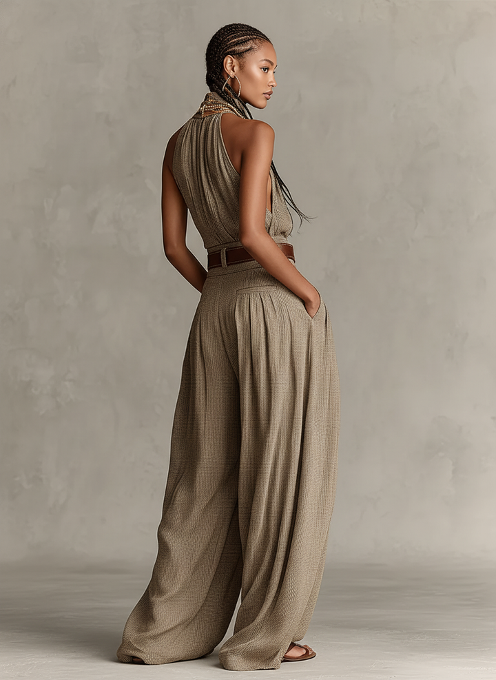 Kobiece Kombinezon w Kolorze Taupe z Mieszanki Bawełny z Halterem i Szerokimi Nogawkami, Ponadczasowy Styl Boho-Elegancki (Bez Pasa) MDZ0940C3I