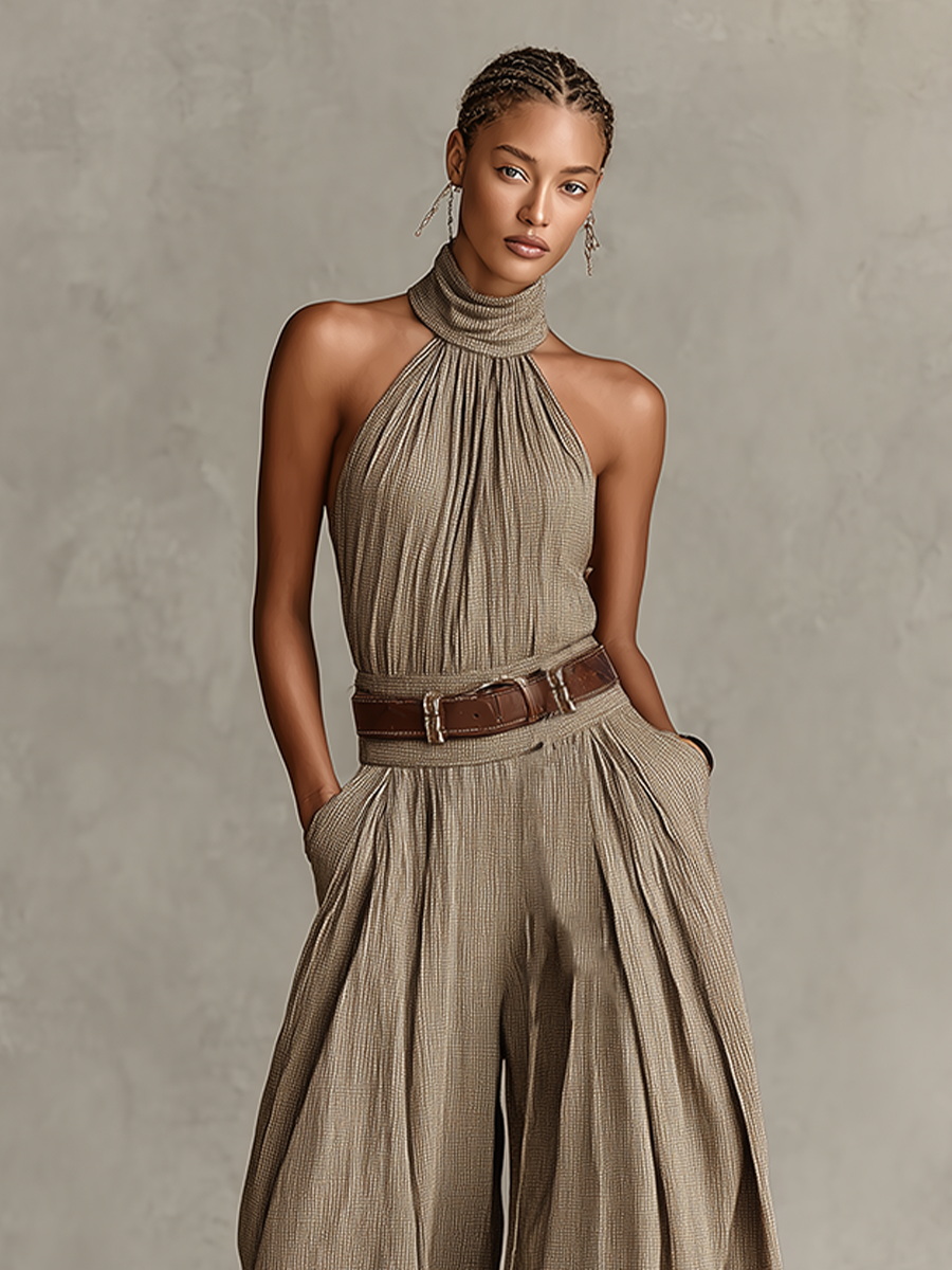 Kobiece Kombinezon w Kolorze Taupe z Mieszanki Bawełny z Halterem i Szerokimi Nogawkami, Ponadczasowy Styl Boho-Elegancki (Bez Pasa) MDZ0940C3I