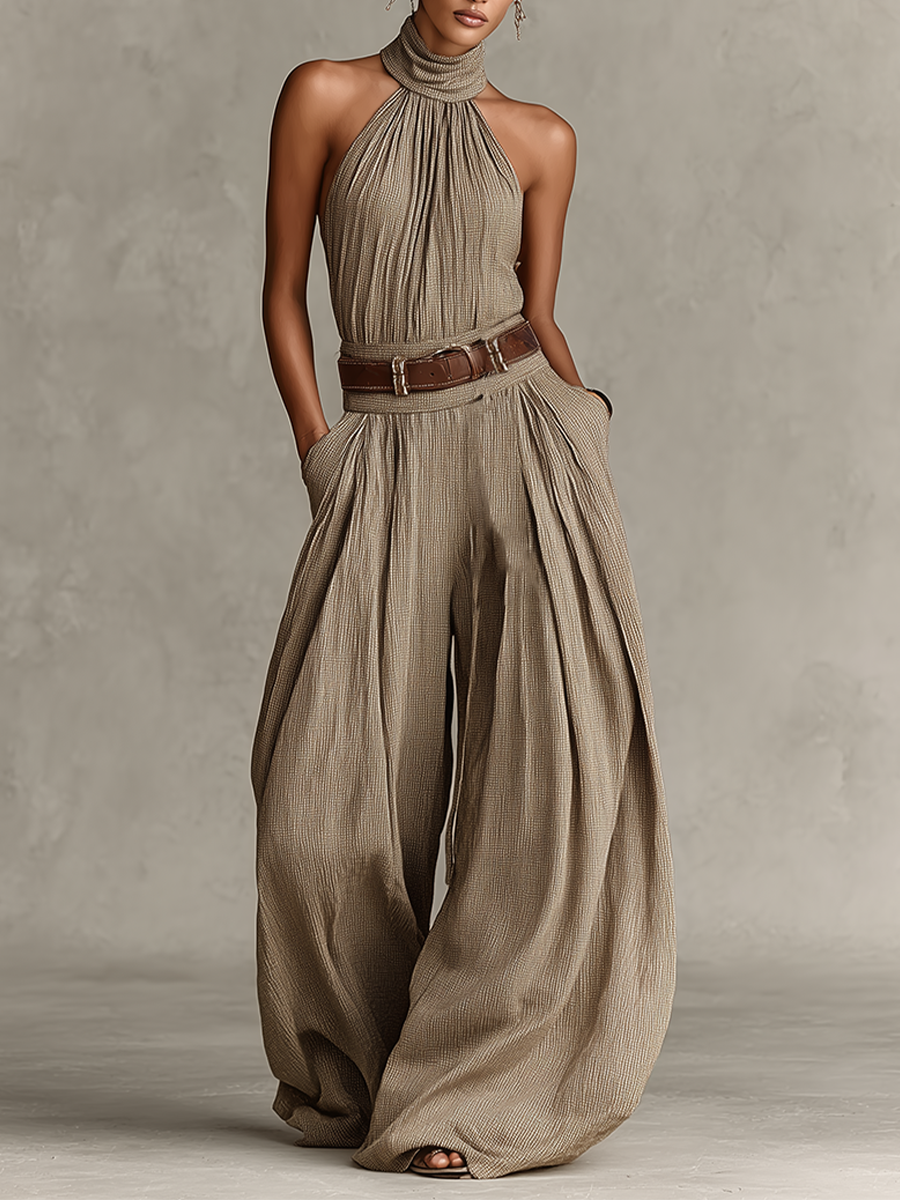 Kobiece Kombinezon w Kolorze Taupe z Mieszanki Bawełny z Halterem i Szerokimi Nogawkami, Ponadczasowy Styl Boho-Elegancki (Bez Pasa) MDZ0940C3I