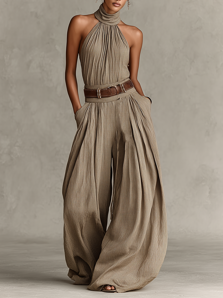 Kobiece Kombinezon w Kolorze Taupe z Mieszanki Bawełny z Halterem i Szerokimi Nogawkami, Ponadczasowy Styl Boho-Elegancki (Bez Pasa) MDZ0940C3I
