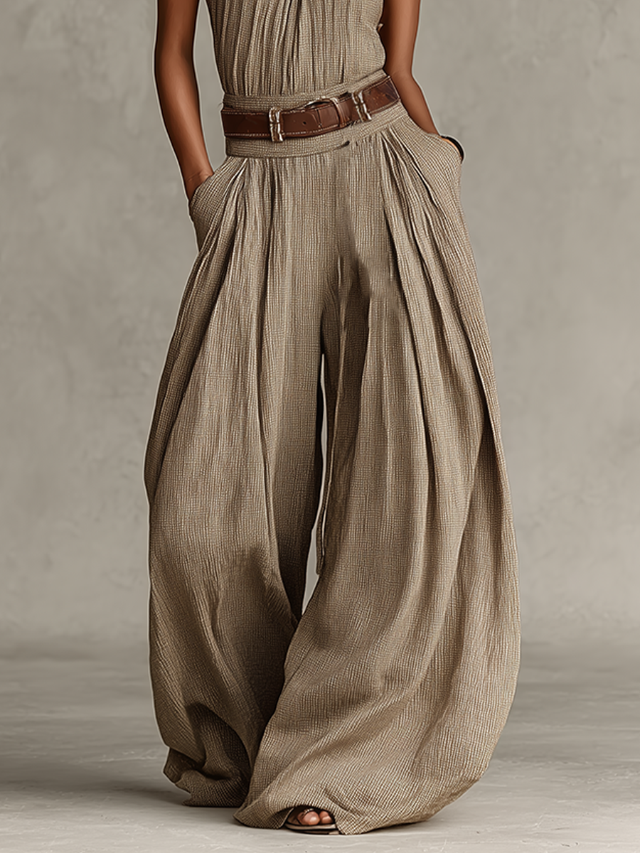 Kobiece Kombinezon w Kolorze Taupe z Mieszanki Bawełny z Halterem i Szerokimi Nogawkami, Ponadczasowy Styl Boho-Elegancki (Bez Pasa) MDZ0940C3I