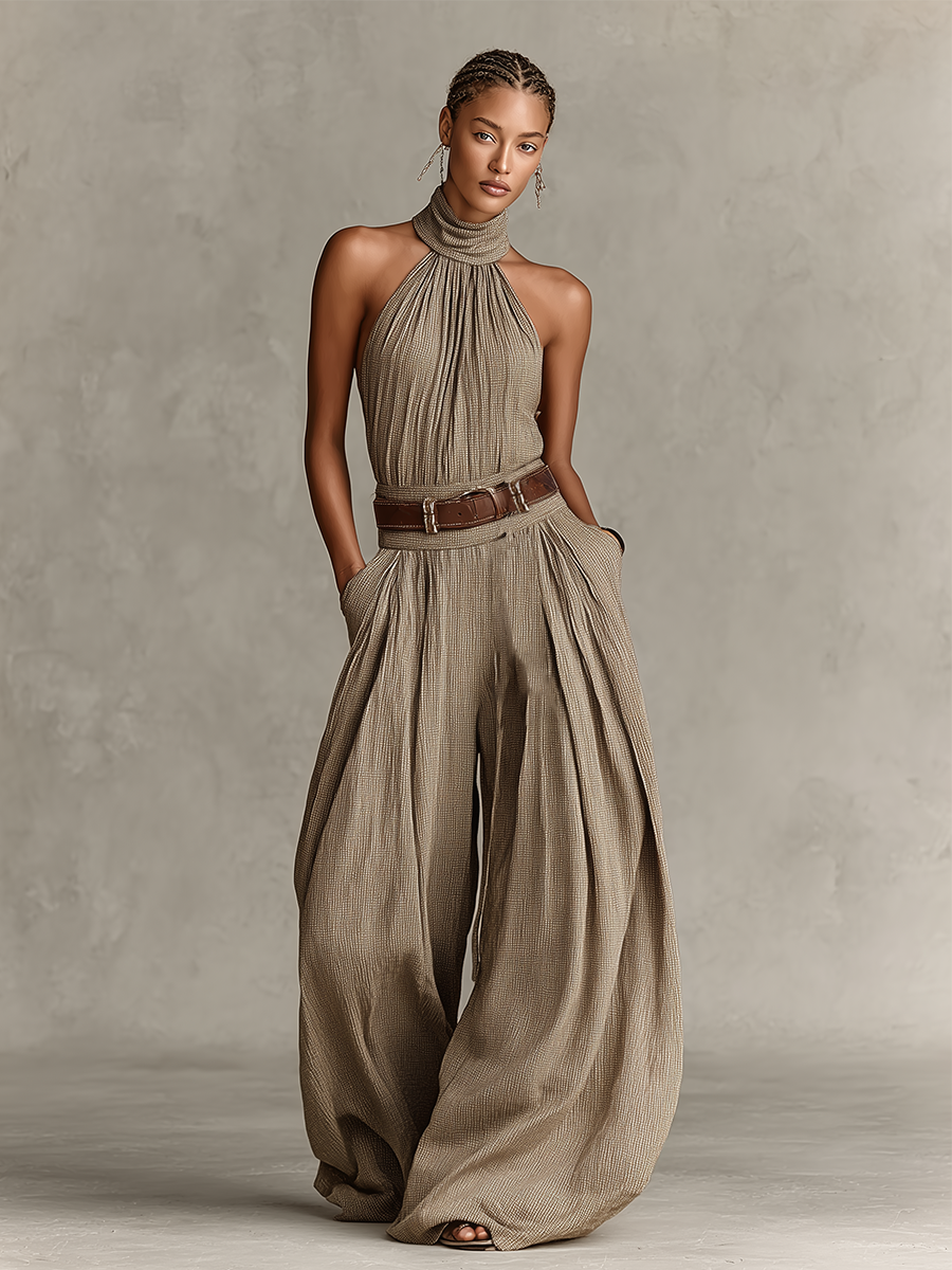 Kobiece Kombinezon w Kolorze Taupe z Mieszanki Bawełny z Halterem i Szerokimi Nogawkami, Ponadczasowy Styl Boho-Elegancki (Bez Pasa) MDZ0940C3I